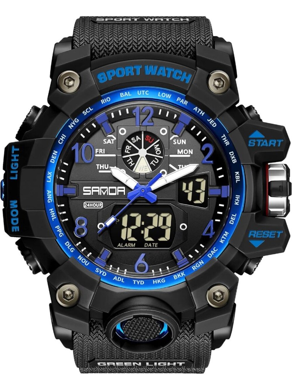 Mens Black Blue Analog Quartz Sports Waterproof Military LED Digital Wrist Watch